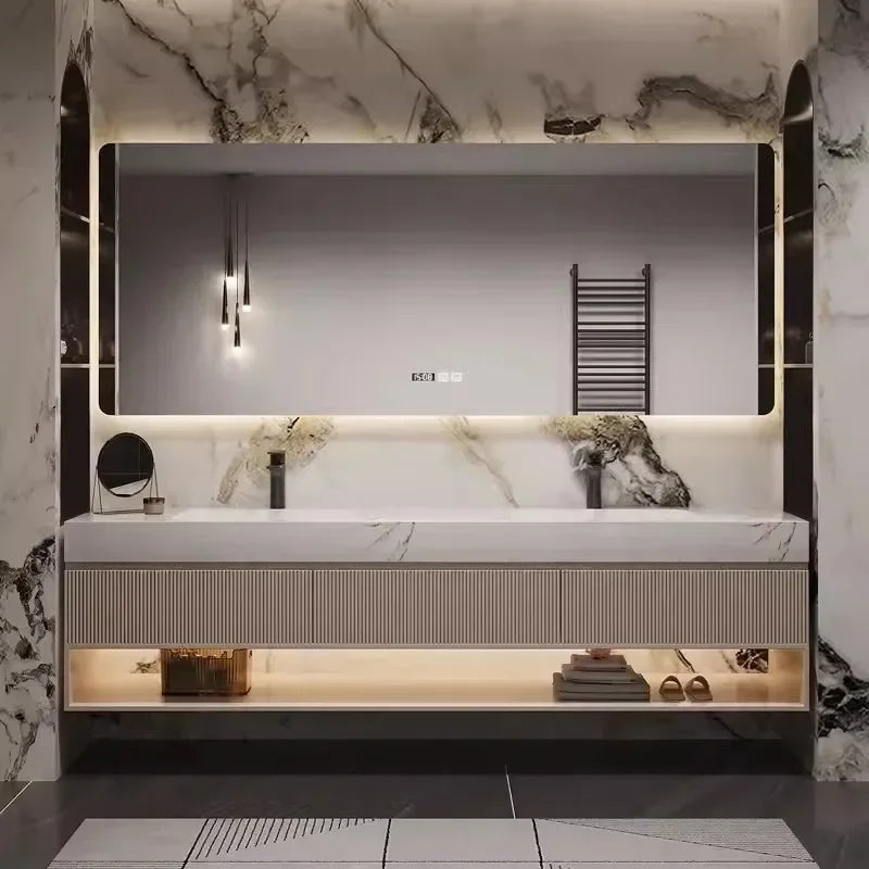 French Light Luxury Rock Slab Seamless Double Basin Cabinet Combination Solid Wood Washbasin Cabinet