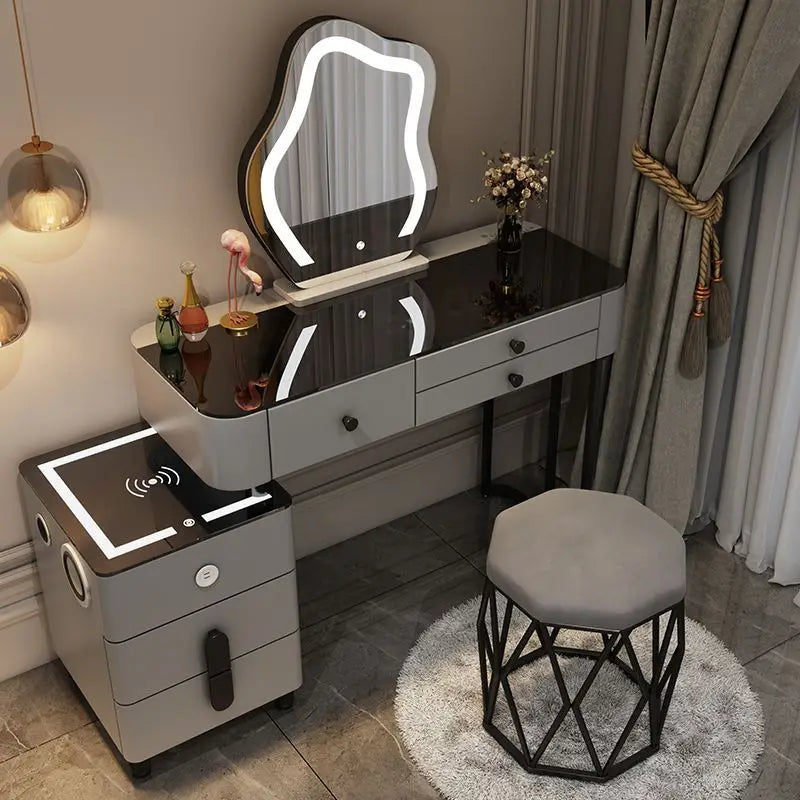 Nordic Vanity Glass Luxury table with charging wireless, nightstand with cloud mirror