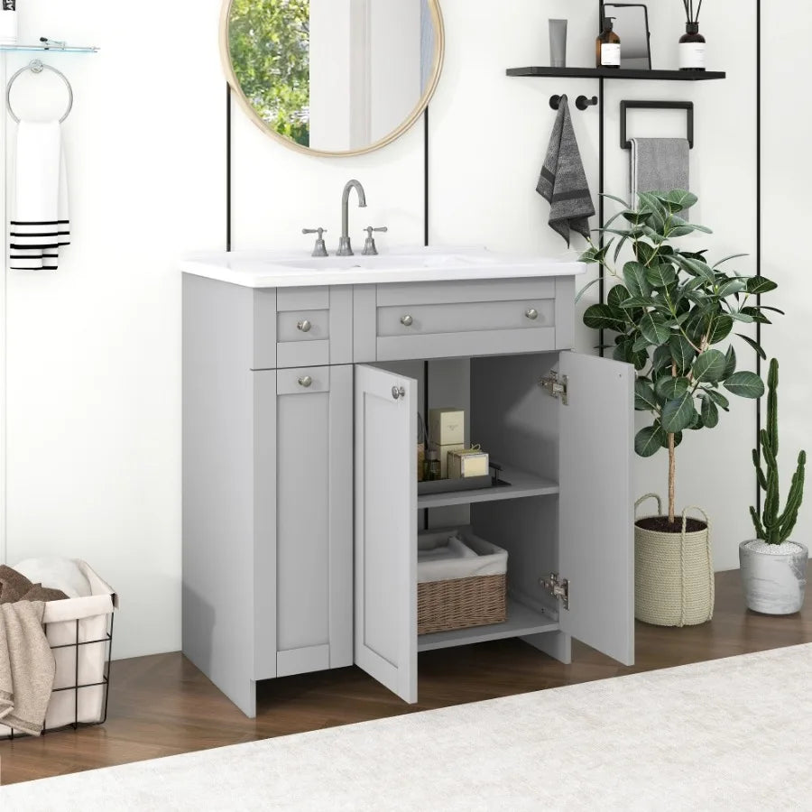 Vanity with Ceramic Sink Combo, Abundant Storage Cabinet-2 Soft-close Doors and Double-tier