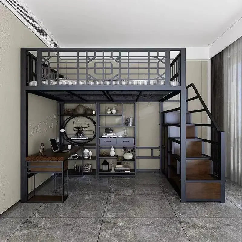 New Chinese-style loft Children's iron bed  frame elevated  upper floor