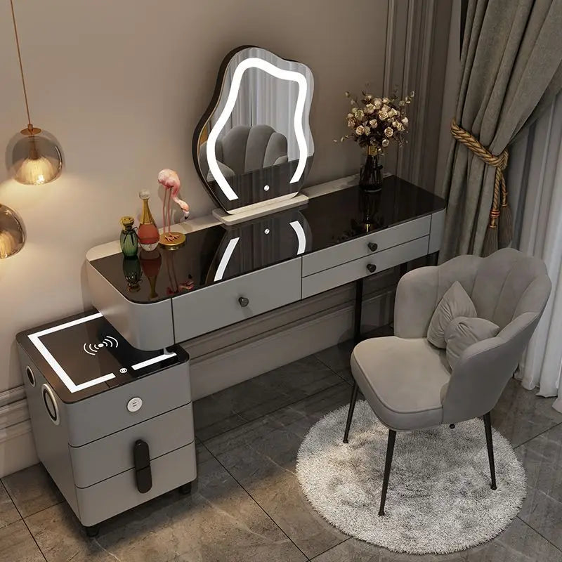 Nordic Vanity Glass Luxury table with charging wireless, nightstand with cloud mirror