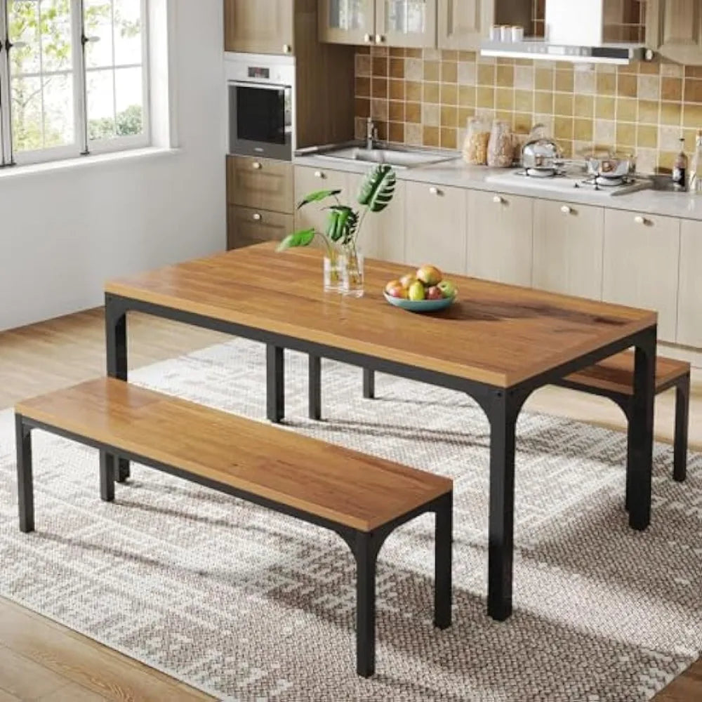 Large Wooden Rectangular Table  Set for  6, 2 benches