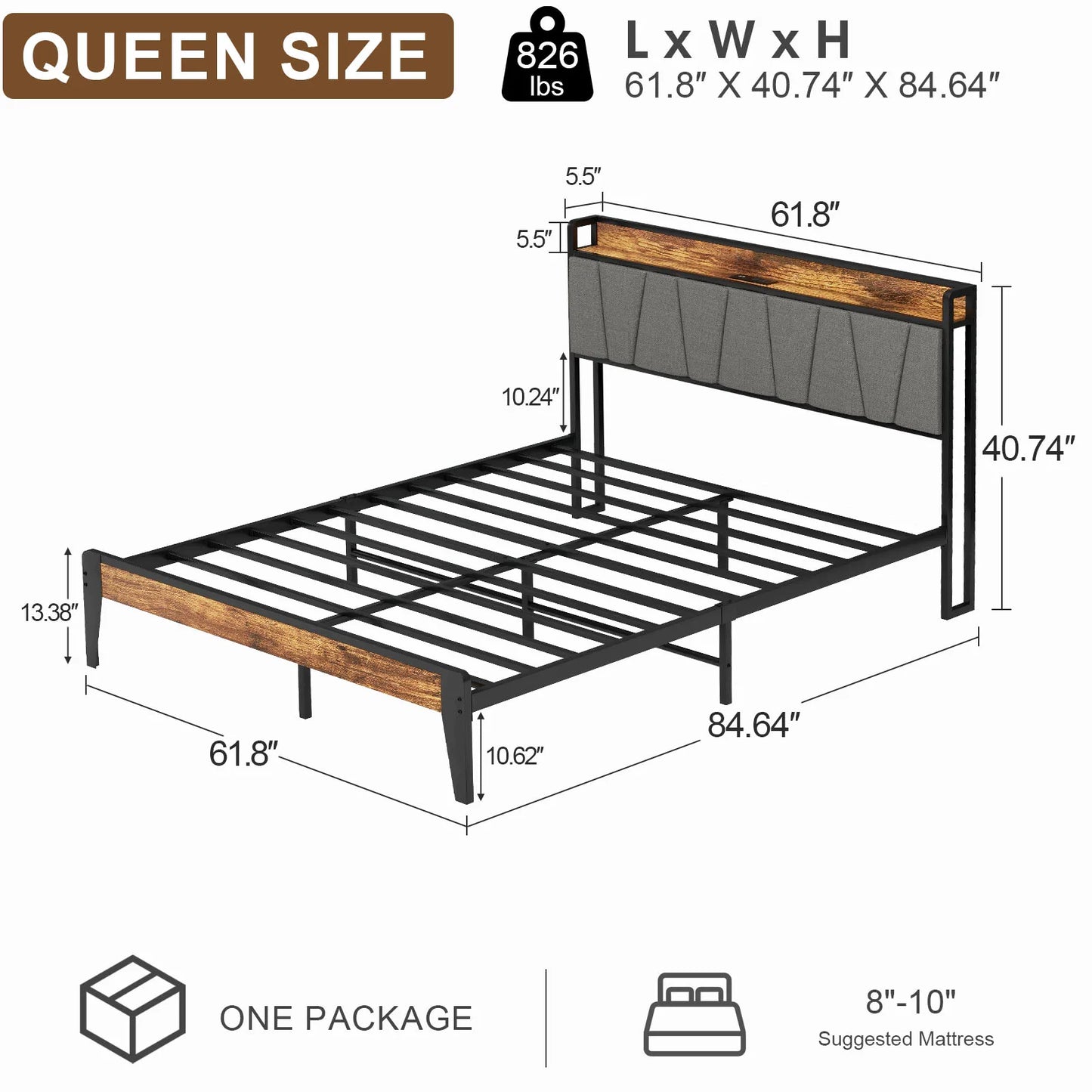 Queen Size Bed Frame, Storage Headboard ,Charging Station,  Retro Design