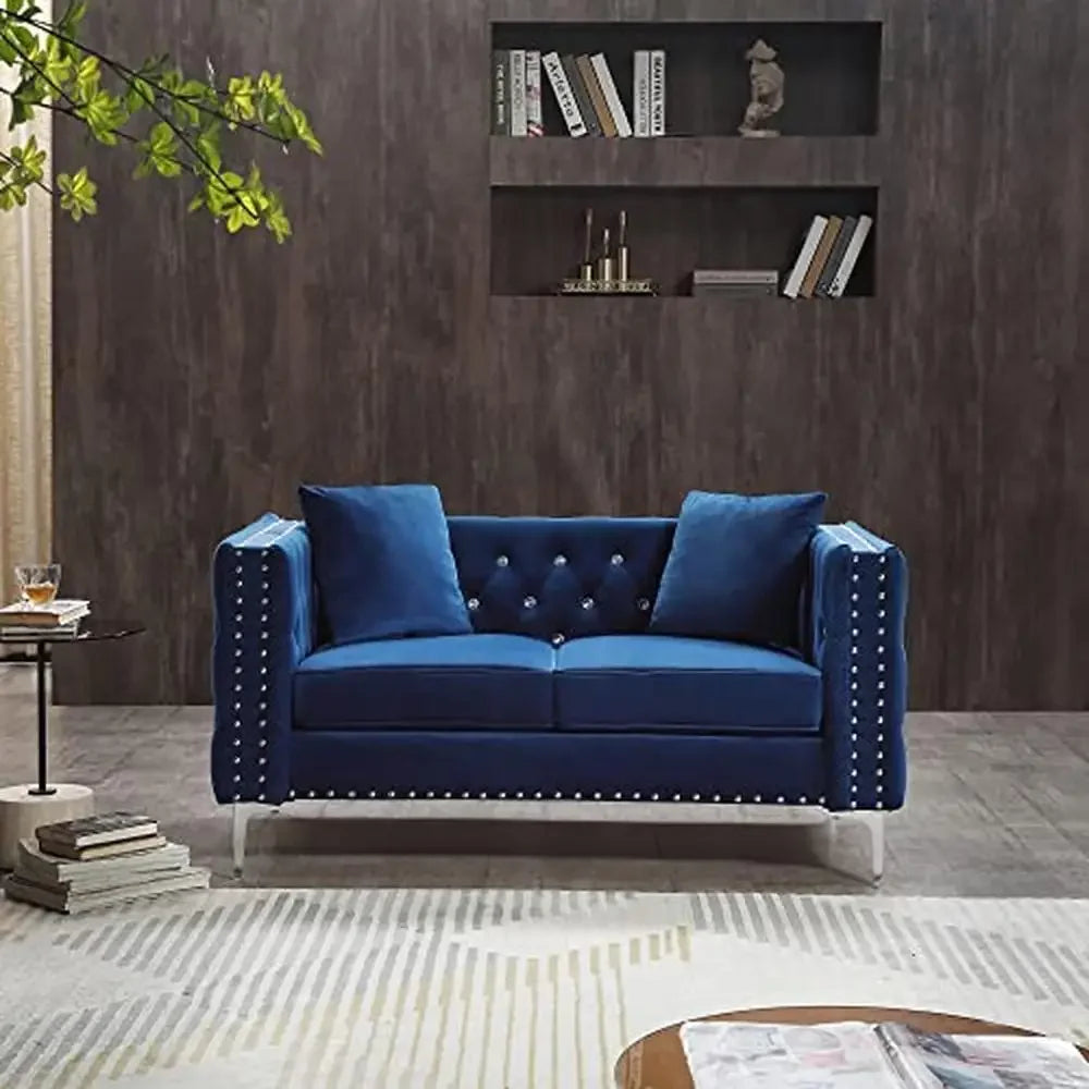 Blue Velvet 2-Piece  Set with Jeweled Buttons  Soft Linen Upholstery Square Arm Sofa and Loveseat