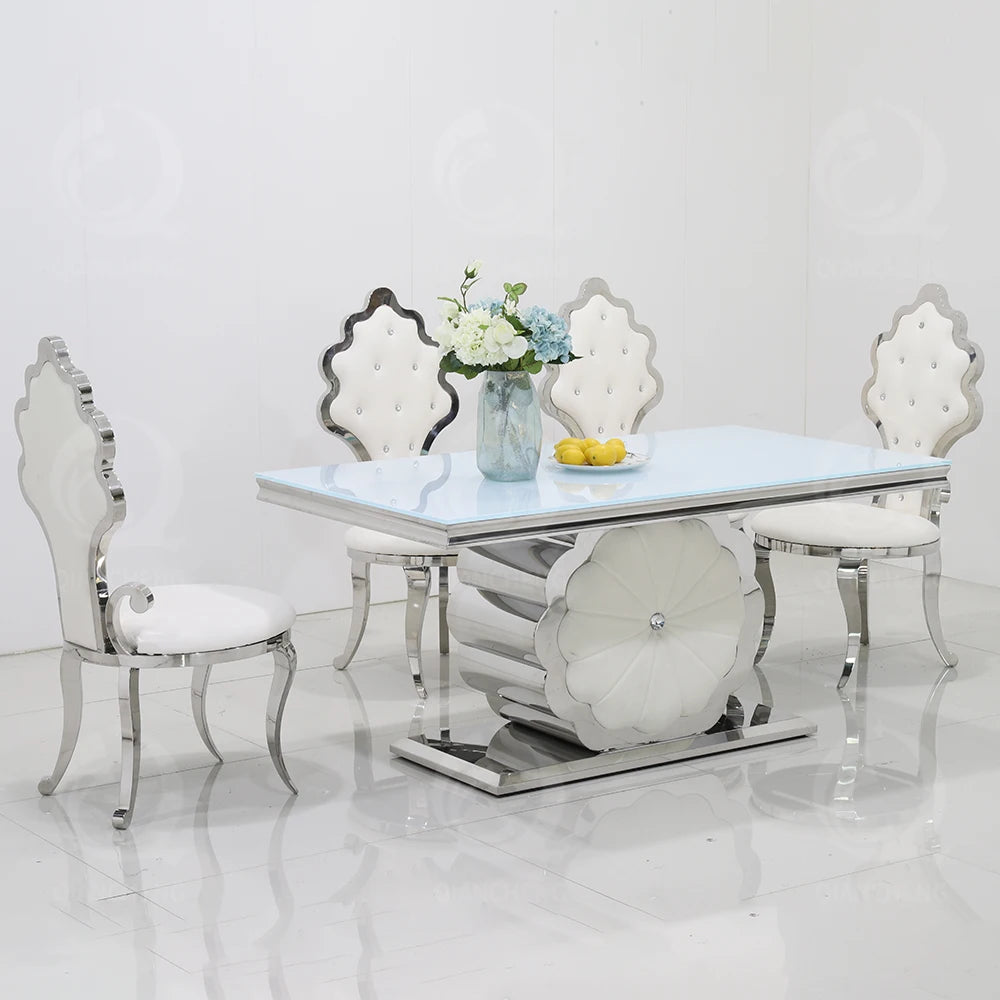 Modern flower stainless steel table set with 8 chairs white gloss glass