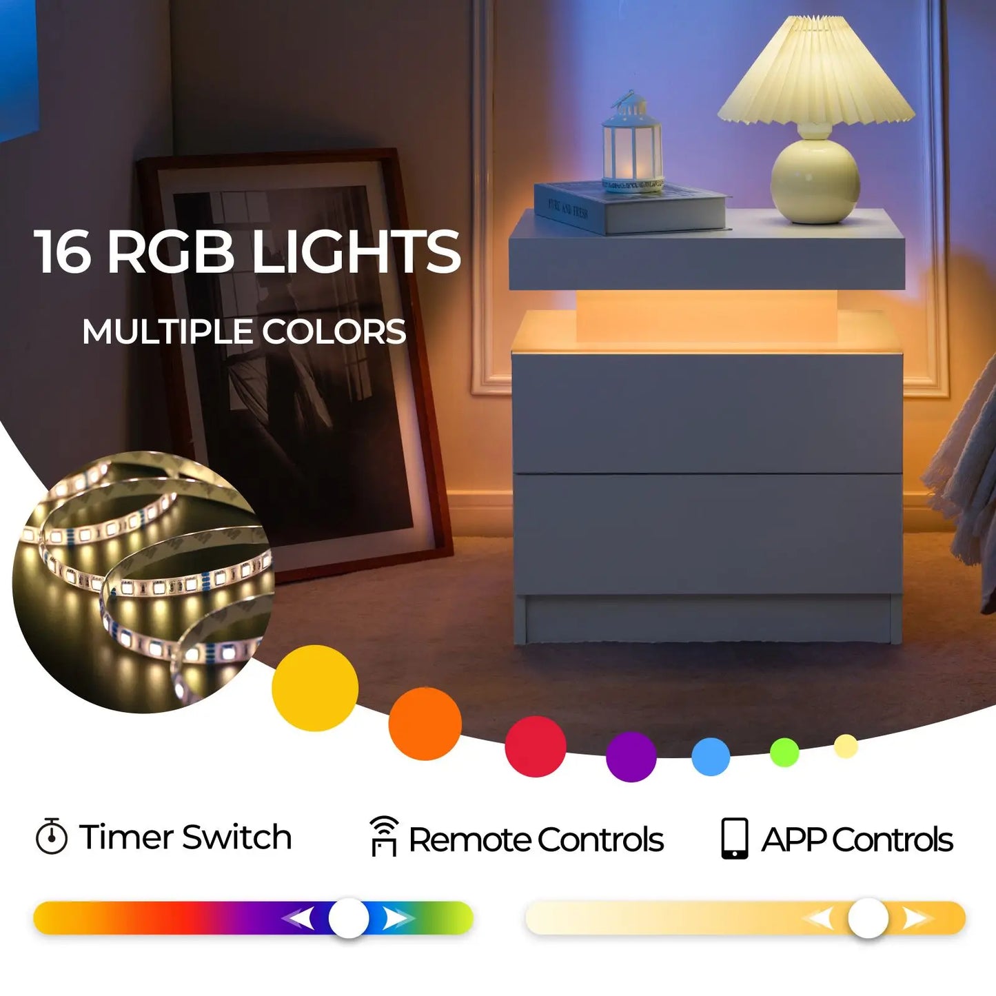 Set of 2 nightstands with LED lights with 2 drawers, bedside table with drawersSet
