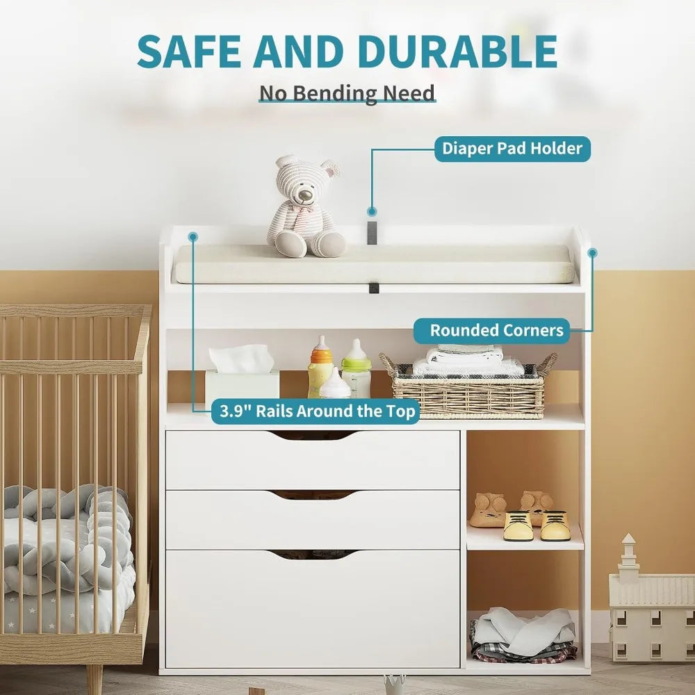 Baby Changing Table Dresser with 3 Drawers and storage shelves