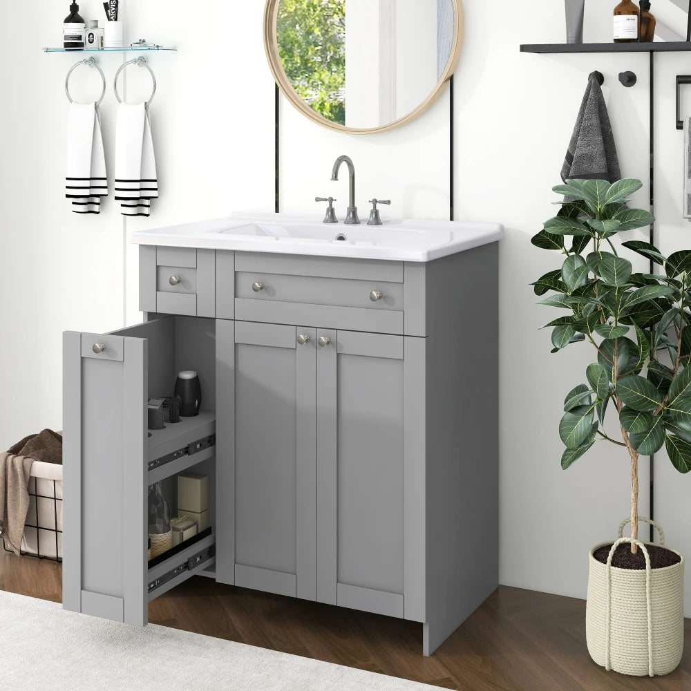 Vanity with Ceramic Sink Combo, Abundant Storage Cabinet-2 Soft-close Doors and Double-tier