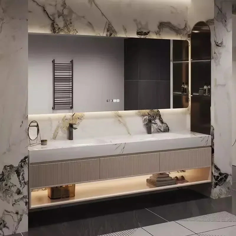 French Light Luxury Rock Slab Seamless Double Basin Cabinet Combination Solid Wood Washbasin Cabinet