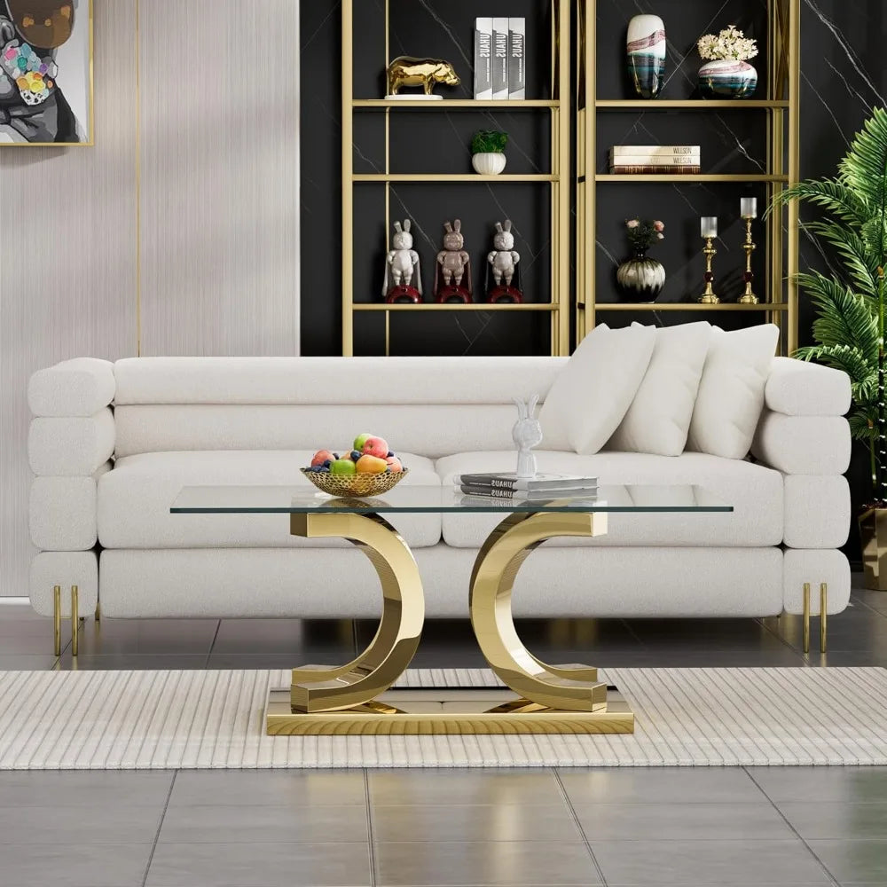 Glass Coffee Table with Gold 4C Stainless Steel Metal Leg, 47" Rectangular Clear Tempered Glass Center