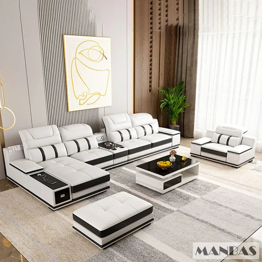 Modern Genuine Leather Sofa - Stylish Italian   with Bluetooth Speaker, USB & Adjustable Headrests