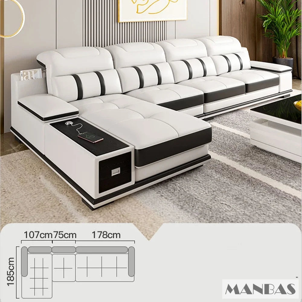 Modern Genuine Leather Sofa - Stylish Italian   with Bluetooth Speaker, USB & Adjustable Headrests
