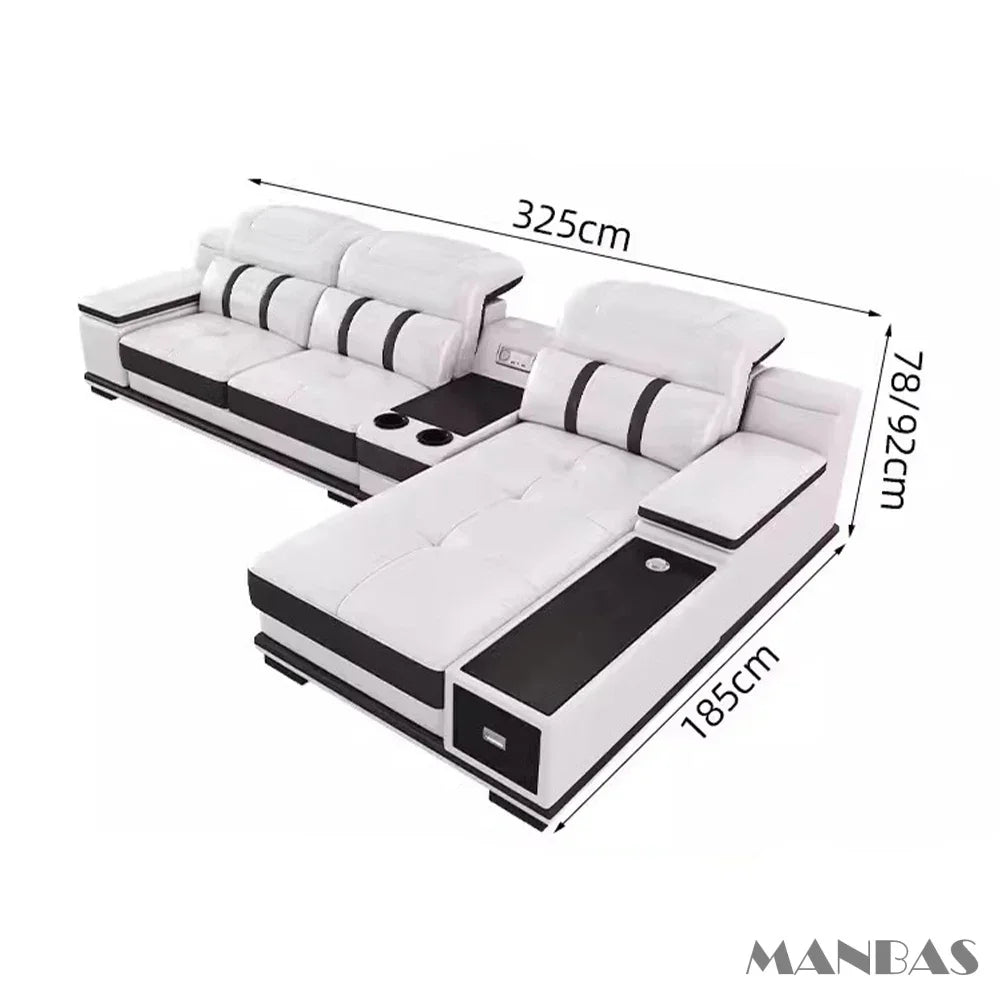 Modern Genuine Leather Sofa - Stylish Italian   with Bluetooth Speaker, USB & Adjustable Headrests