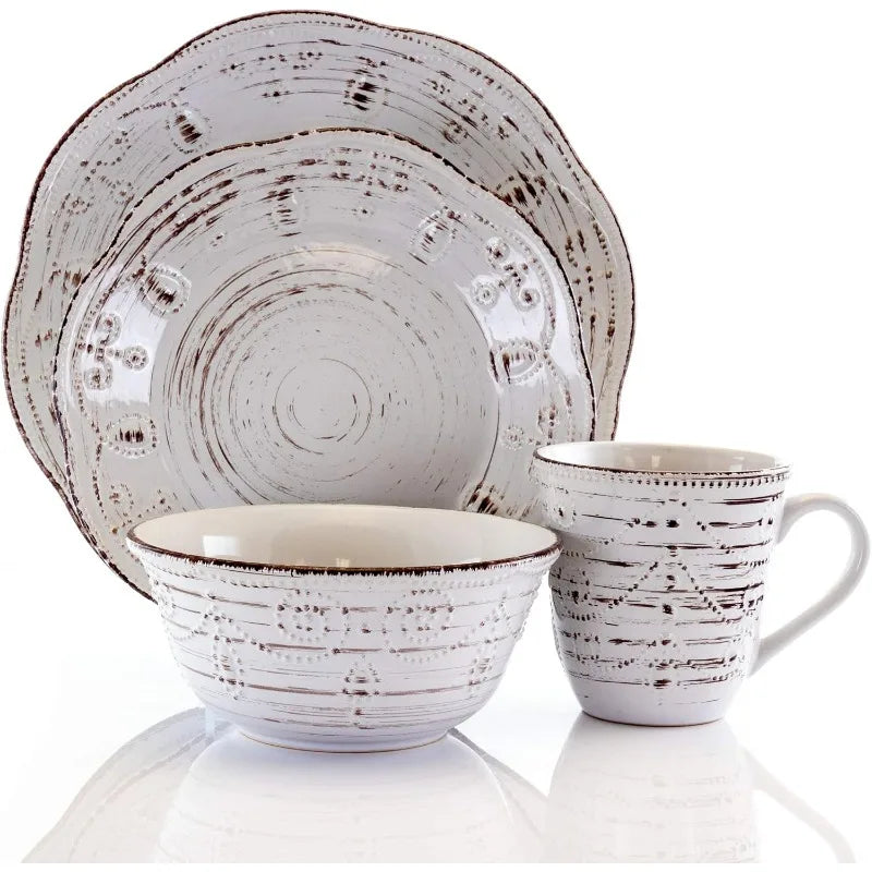 Rustic Birch 16 Piece Stoneware Set in Purple, with Brown Accents