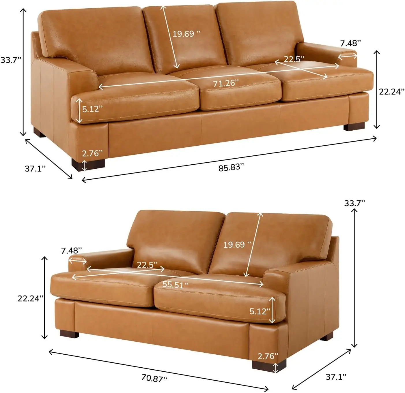 Genuine Leather Sofa Tan Sturdy Block  Legs Luxurious Goose Feather Cushion Filling Square Arm Design