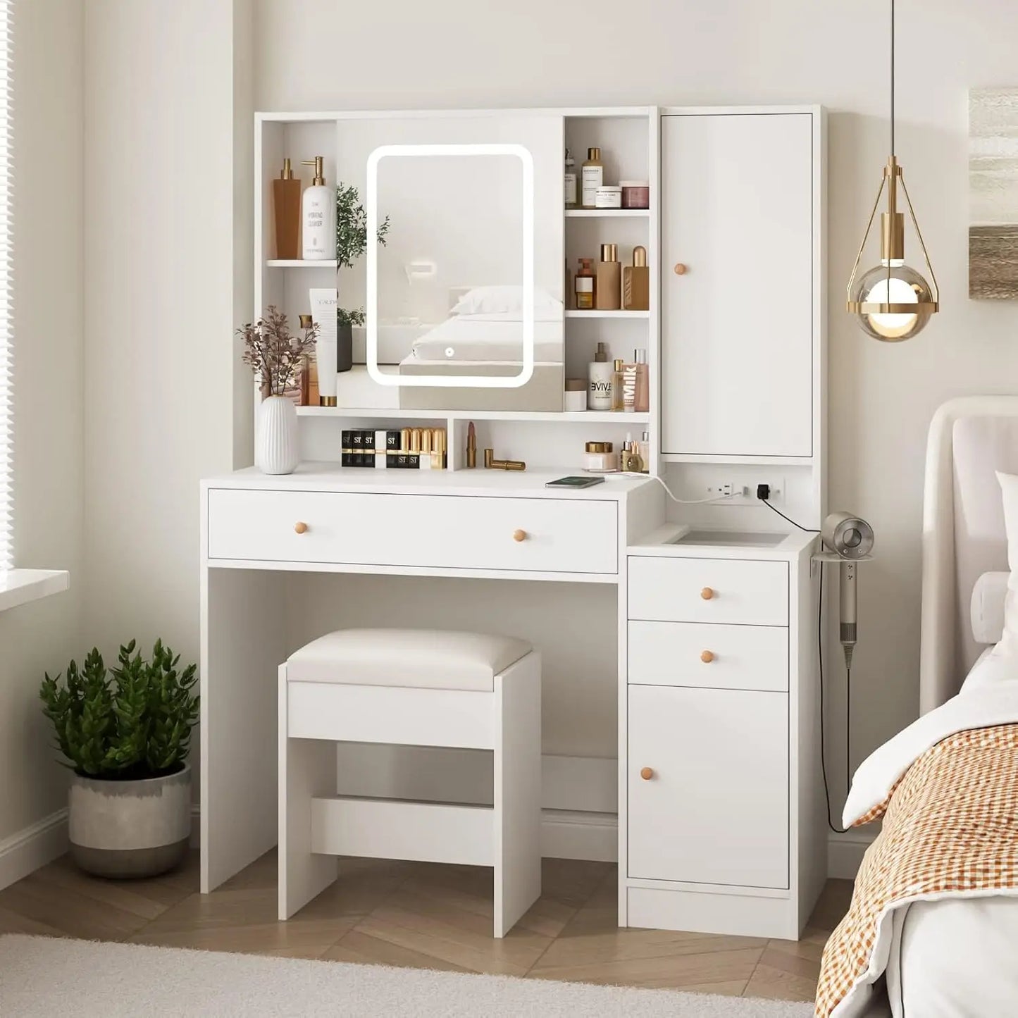 White, Vanity Table  with Mirror and  Lights 3 Drawers and Cabinets, Charging Station