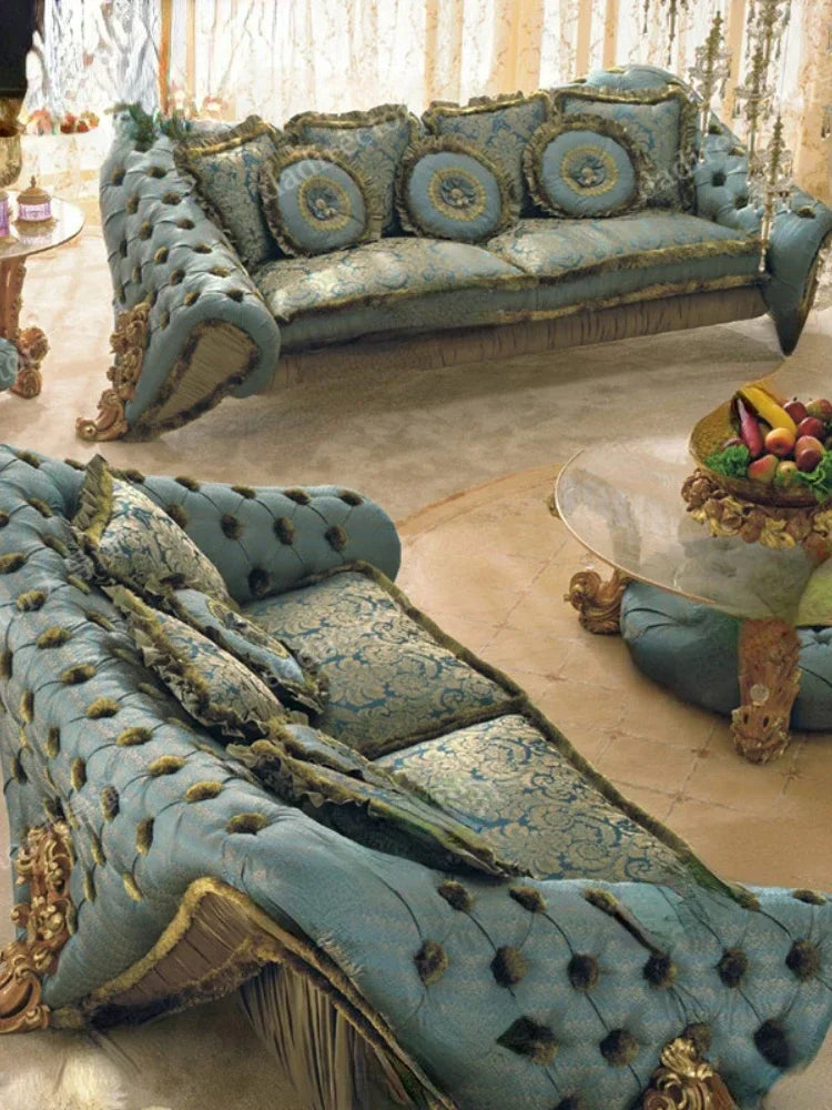 Villa Wood Carved Sofa Court Luxury Fabric Craft Sofa Combination