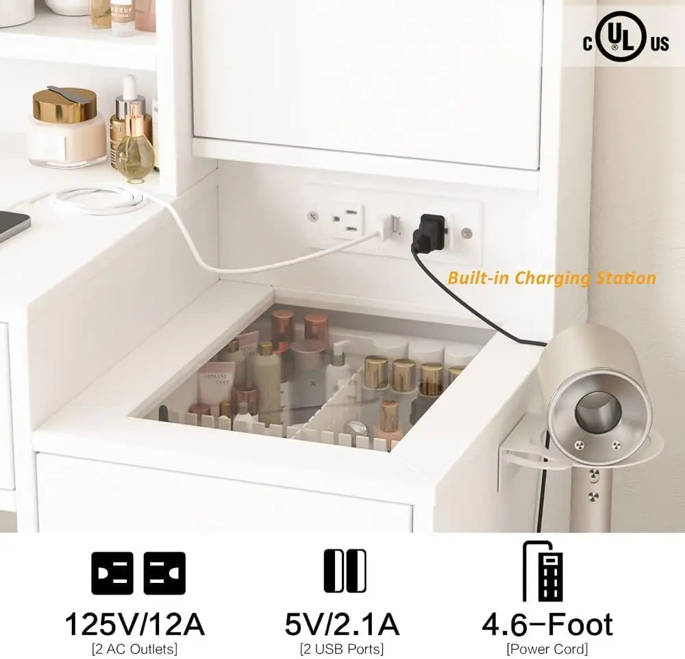 White, Vanity Table  with Mirror and  Lights 3 Drawers and Cabinets, Charging Station