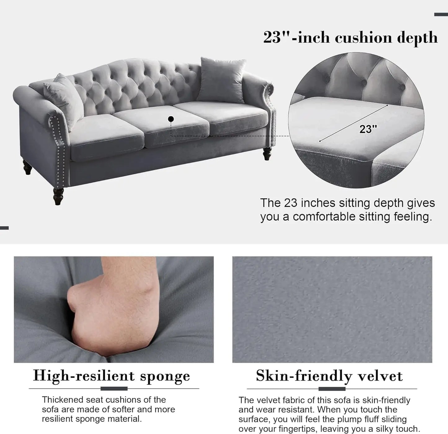 Chesterfield Velvet Sofa and Loveseat with Pillows. Rolled Arms Nailhead Trim Classic Design , 2-Seater