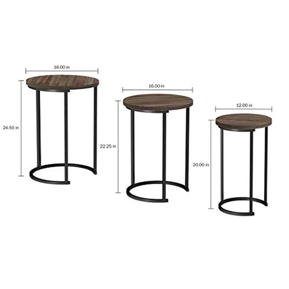 3-Piece Nesting Round  End Tables  Gray-Brown Woodgrain-Look Metal Base