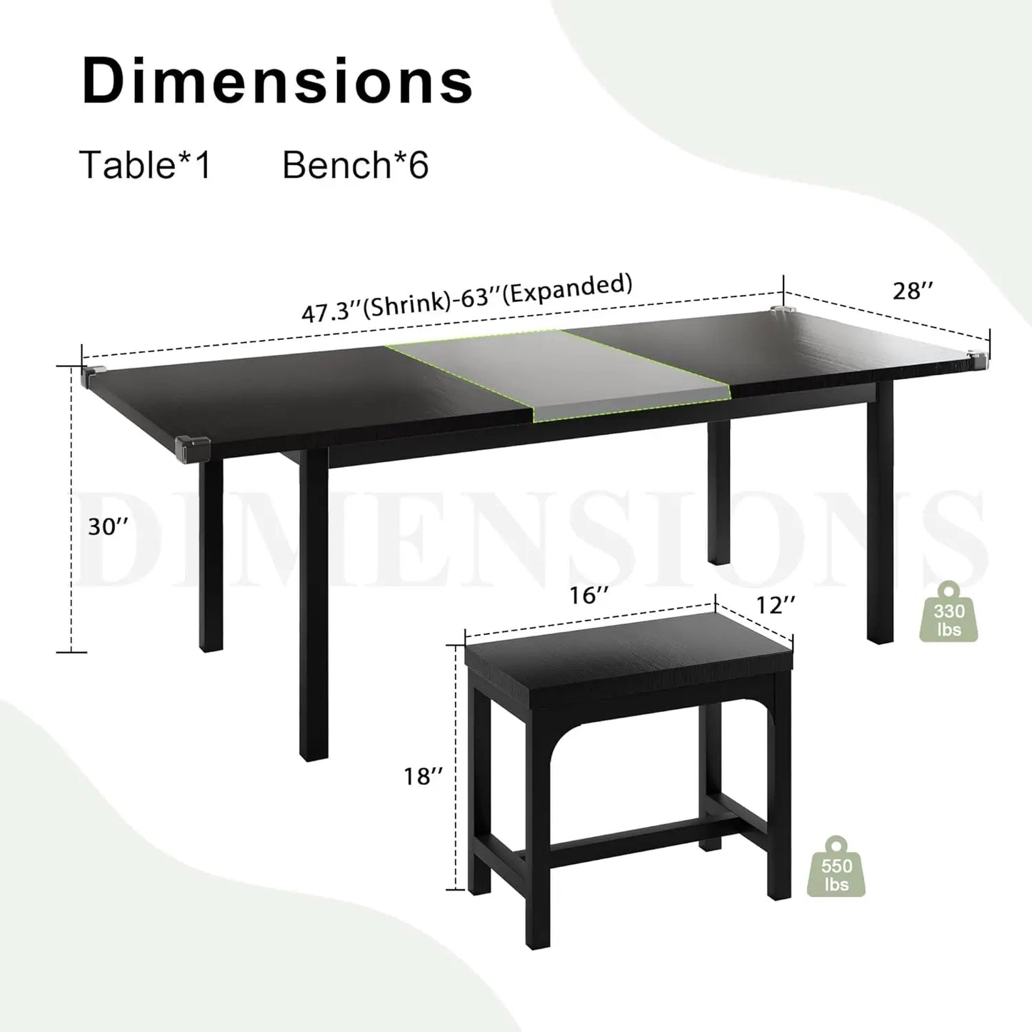 7-Piece  Table Set with 6 Stools  Large Extendable Set for 4-8 Mid-Century Table