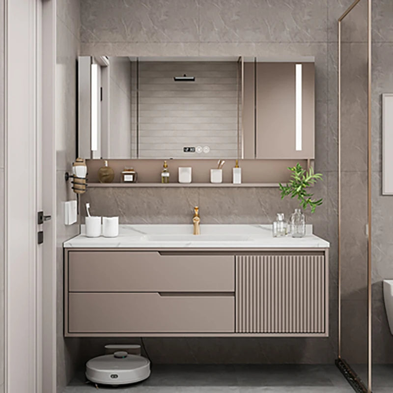 Lacquered Slate Vanity With Sink  Combination Oak Cabinet and Mirror Seamless Integrated Basin Sink