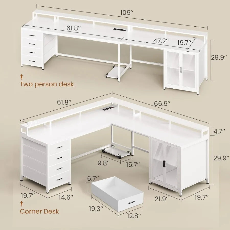 L Shaped Gaming Desk with 4 Drawers . Computer Desk with Display Cabinet Office Desks with 2 Monitor Stands CPU Stand LE