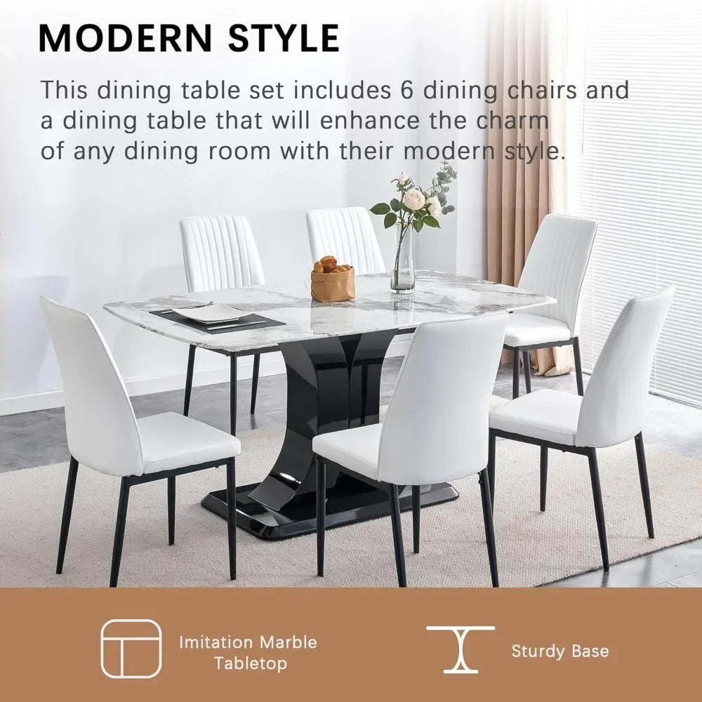 ,White Marble Pattern Table with 6  Chairs, 6 Piece  Set