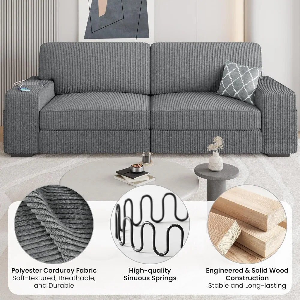 Modern  2 Seater Sofa with USB Charging Ports & Side Storage Pockets