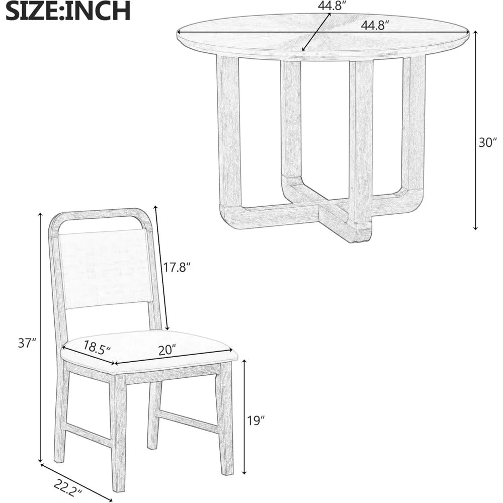 Radial Wood Grain Design, 5 piece table set for 4, round table and 4 upholstered chairs
