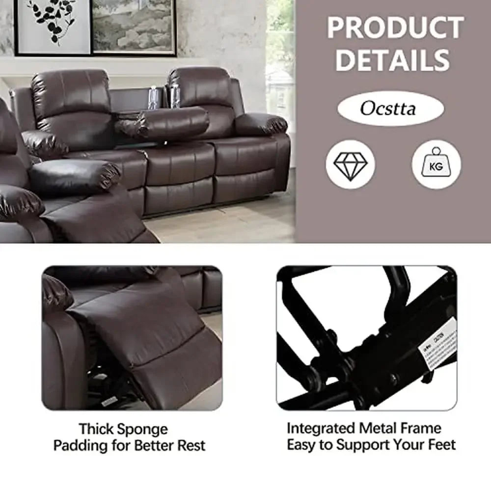 3-Piece Leather Recliner Sofa Set  Manual Reclining Couch and Loveseat with Cup Holders Easy Assembly