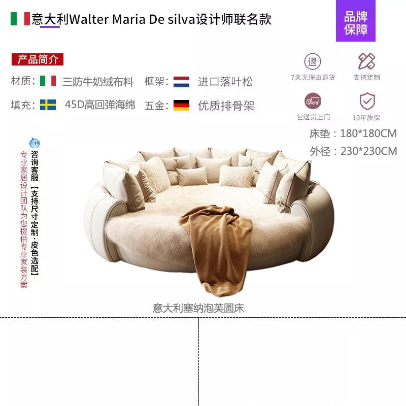 Unique Trendy Modern, Round Queen Bed Lounge Suite, White Cream ,