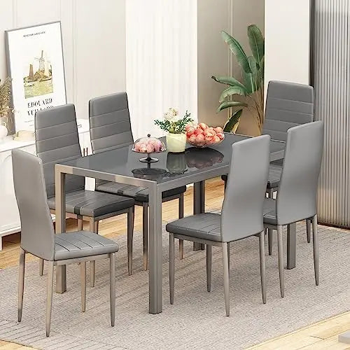 Modern Small Space Set, 7 pc set for 6, Glass table & PU Leather chairs              ,