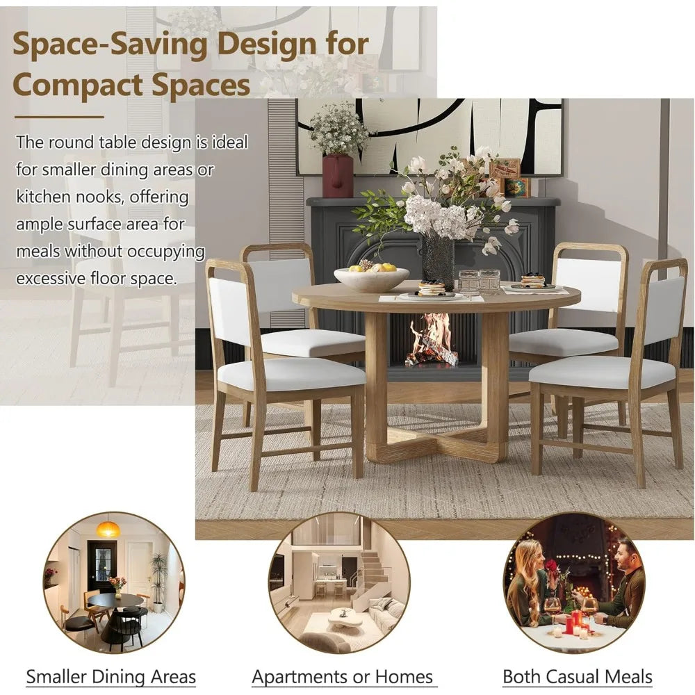Radial Wood Grain Design, 5 piece table set for 4, round table and 4 upholstered chairs