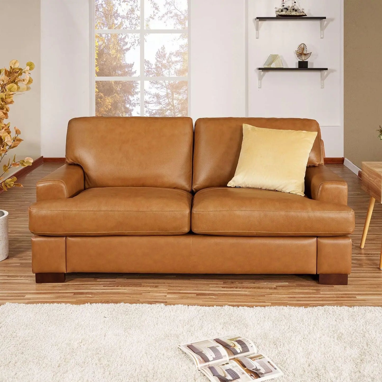 Genuine Leather Sofa Tan Sturdy Block  Legs Luxurious Goose Feather Cushion Filling Square Arm Design