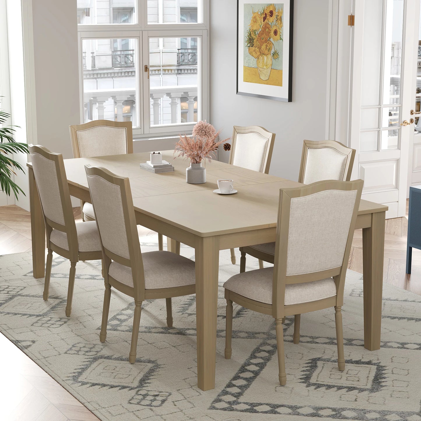 TOPMAX Rustic 7-Piece  Extendable Table Set with  Removable Leaf, 6 Upholstered  Chairs