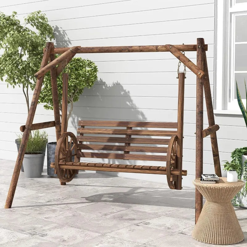 2-Seat swing Chair with A-Frame Stand, Wooden Log Chair Bench w Wagon Shaped Armrests for Garden, Poolside