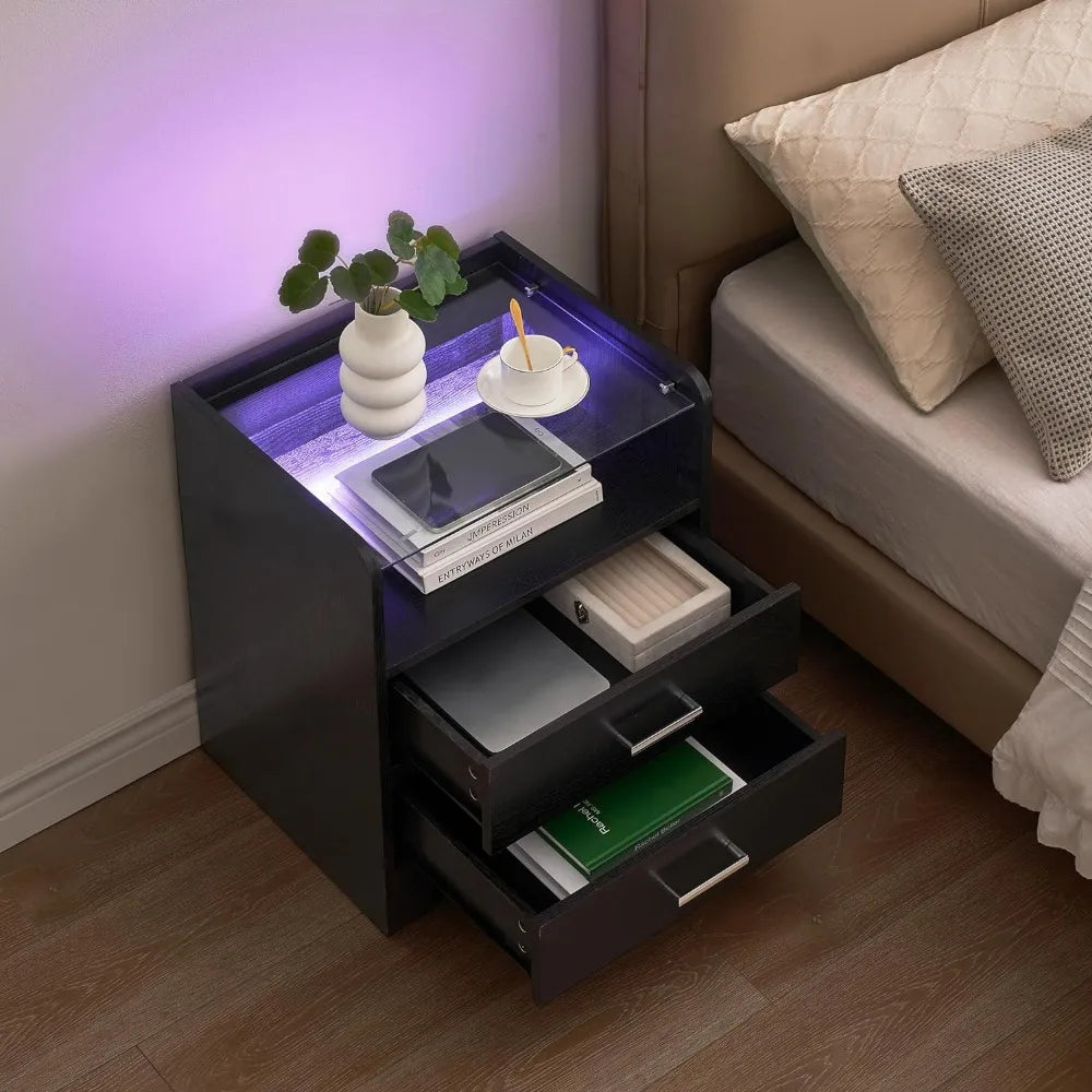 Black Nightstands Set of 2  w/ 2 Drawers, Smart End Side Tables with LED Lights and Glass Top