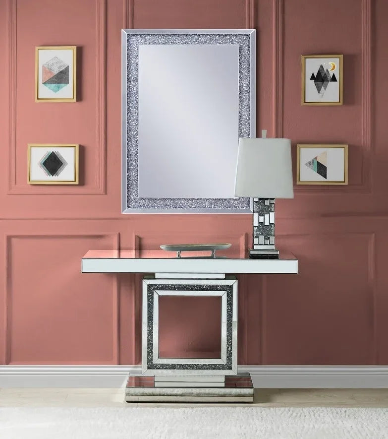 Luxury mirrored console table, crescent shaped foyer, family round wall mirror