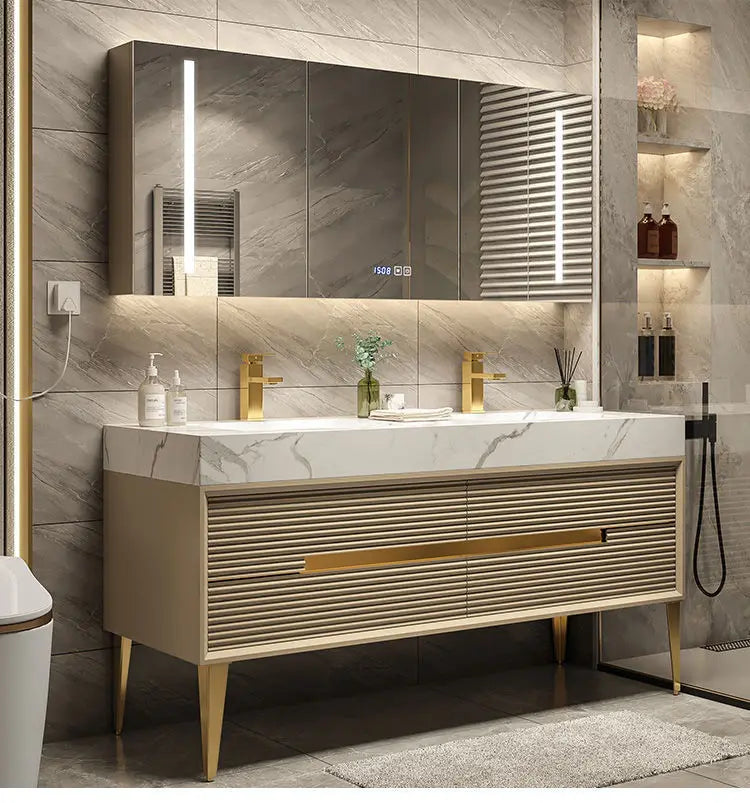 Light Luxury  Combination Suit Oak Milk Tea Color Cabinet Rock Plate Washstand Modern Toilet Wash Basin