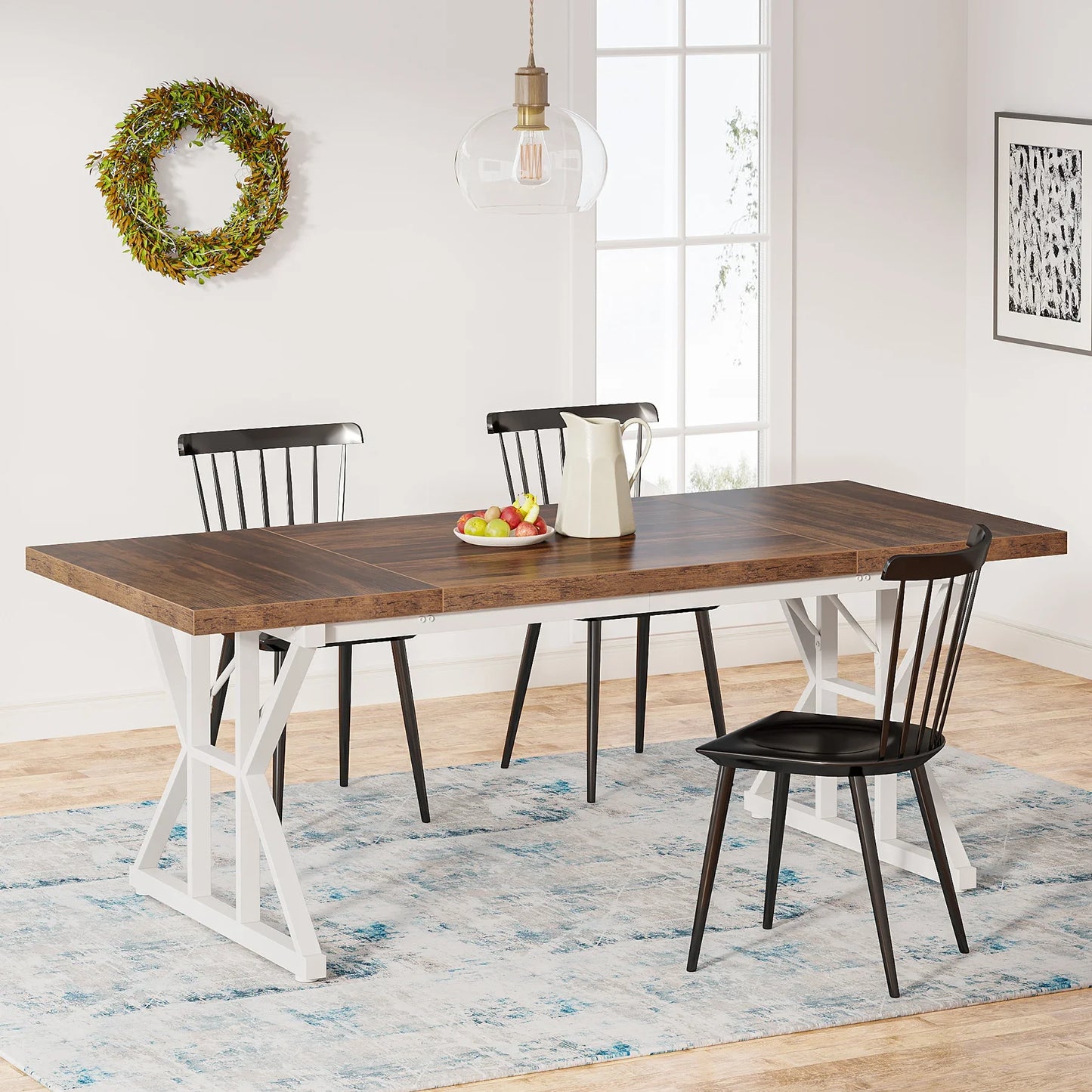 Rectangular Wood  Table, Rustic with Heavy Duty Metal Legs for 6 people