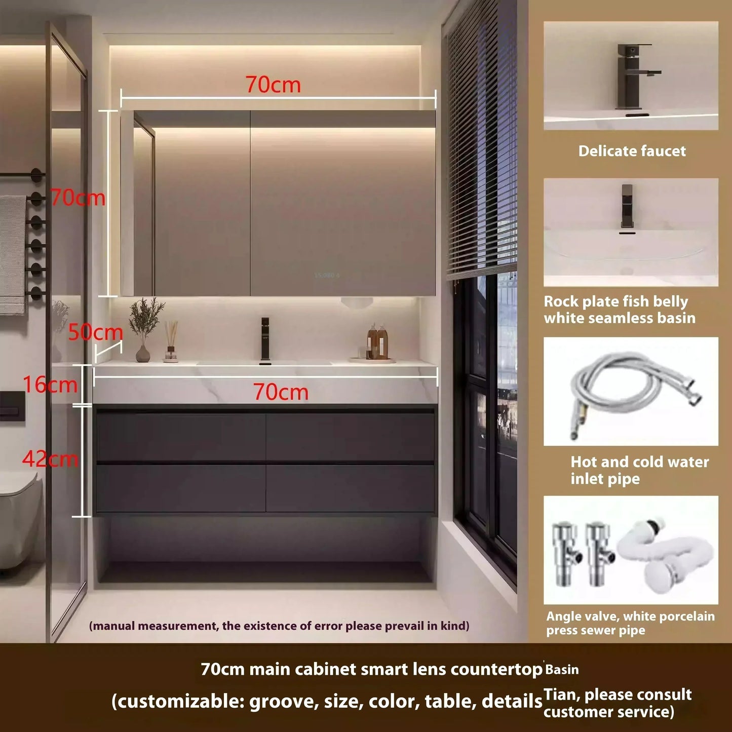 Wooden Cabinet Storage, Double column washbasin, closed wall shelf with drawer