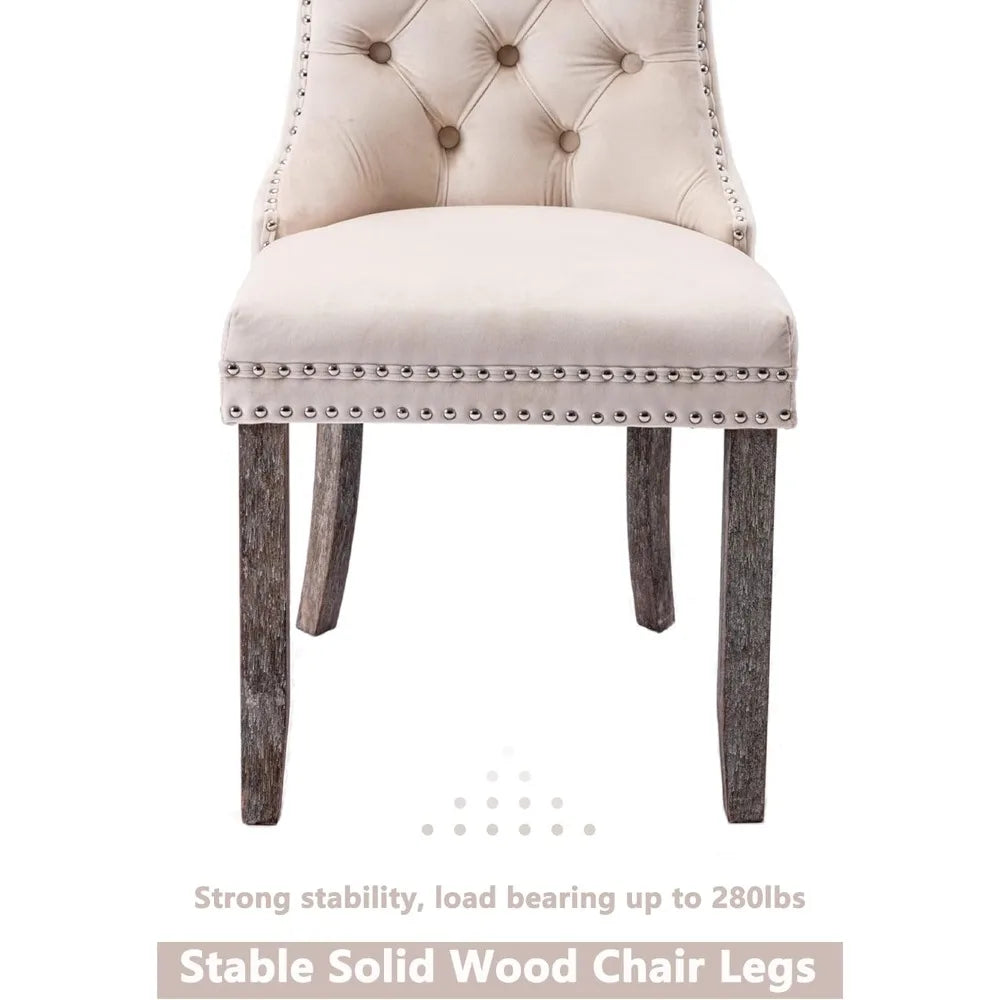 Tufted Chairs, Beige, Solid Wood, Set of 6, Nailhead Back and Ring Pull Trim