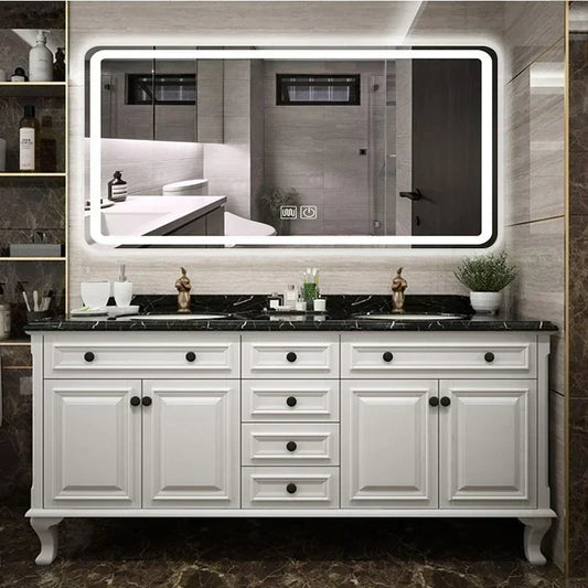 Solid Wood  Cabinet, Mirror Double Sink , Floor to ceiling Washbasin,  Armoire