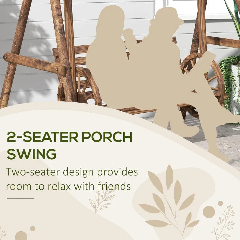 2-Seat swing Chair with A-Frame Stand, Wooden Log Chair Bench w Wagon Shaped Armrests for Garden, Poolside