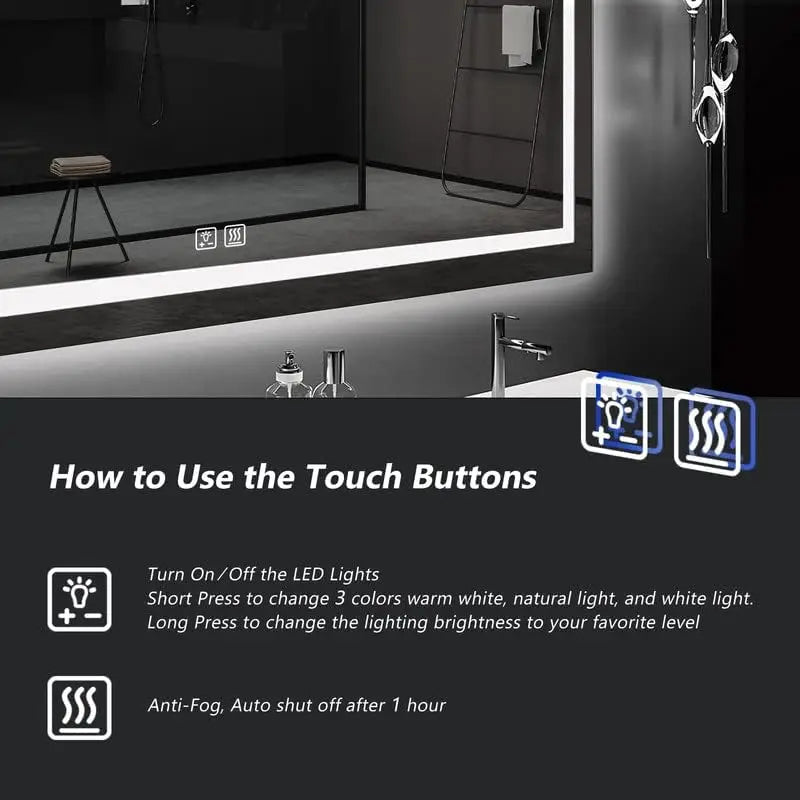 LED Mirror 3 Colors,  Dimmable Horizontal & Vertical, Light, Anti-Fog