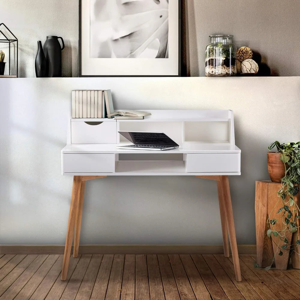 Computer Desk with Solid Wood Legs, Storage Drawers Open Shelves