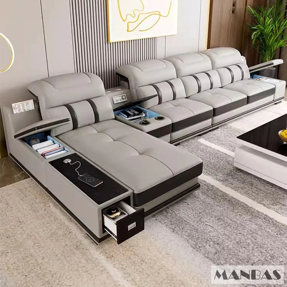 Modern Genuine Leather Sofa - Stylish Italian   with Bluetooth Speaker, USB & Adjustable Headrests
