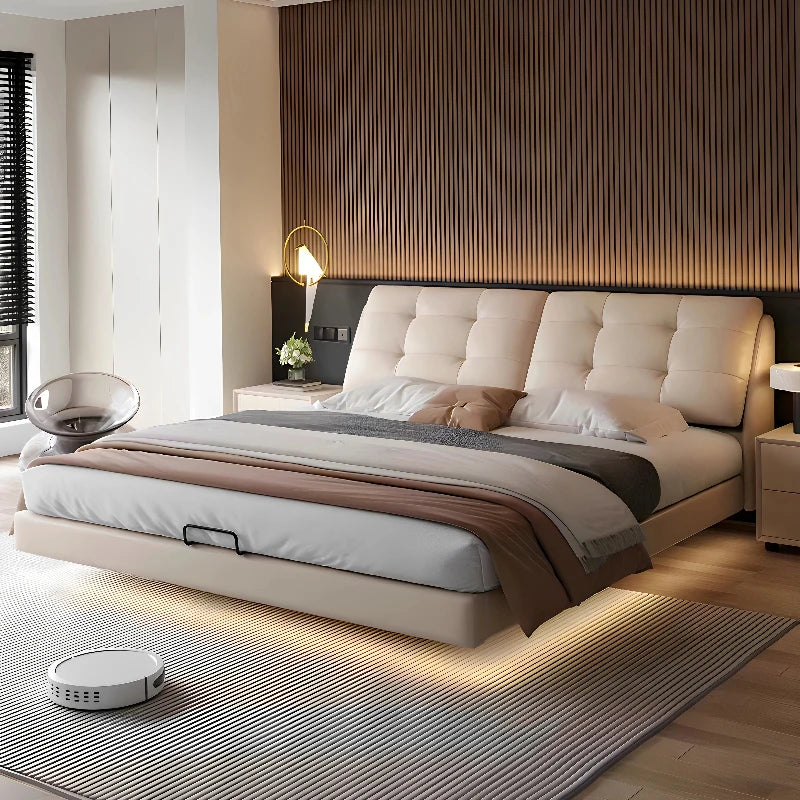 Nordic White Modern  Bed Simple Wooden King Size Leather Bed