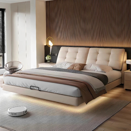 Nordic White Modern  Bed Simple Wooden King Size Leather Bed